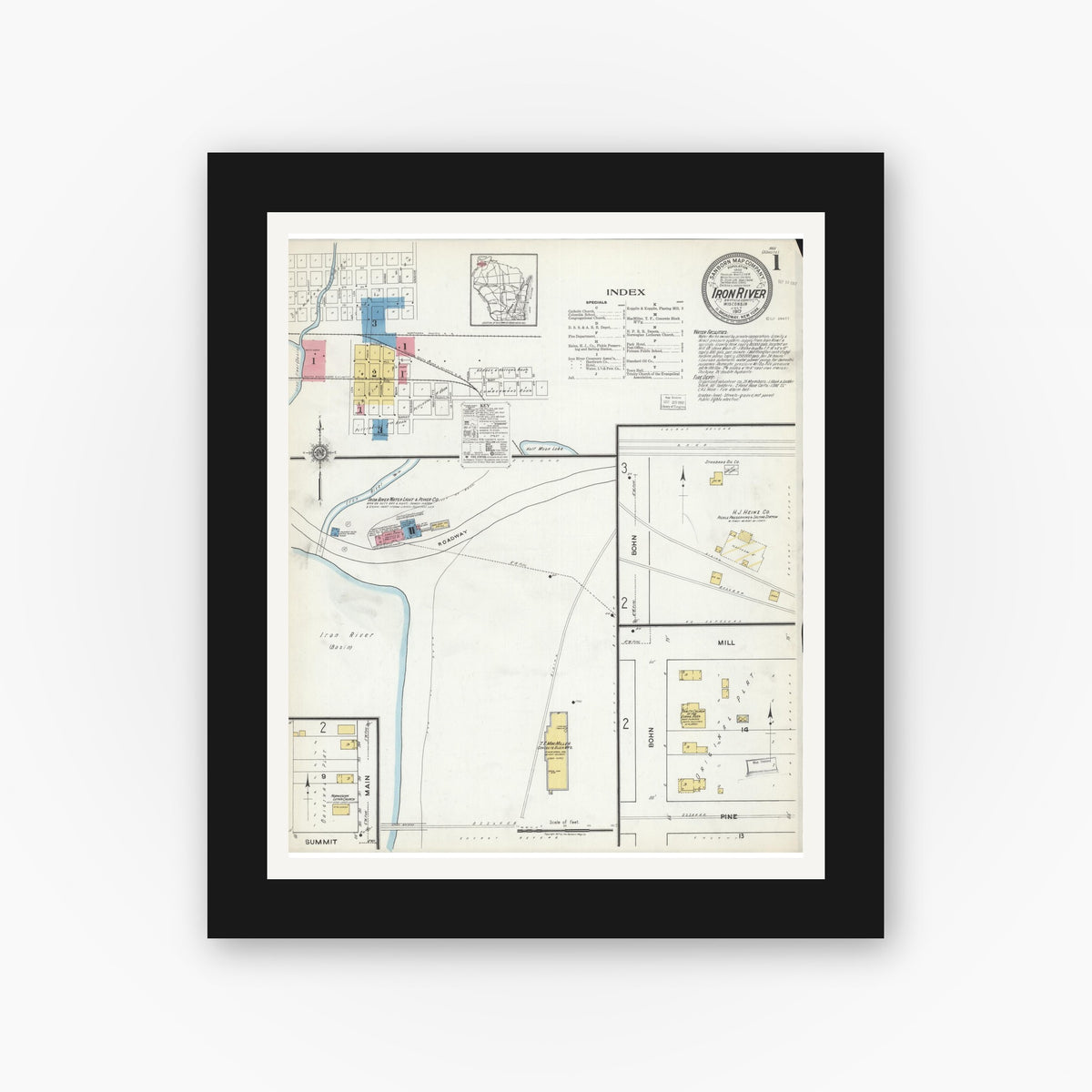 Old map wall art mockup — black gallery frame with white mat — Sanborn Fire Insurance Map from Iron River, Bayfield County, Wisconsin (1917) - Complete Map Set