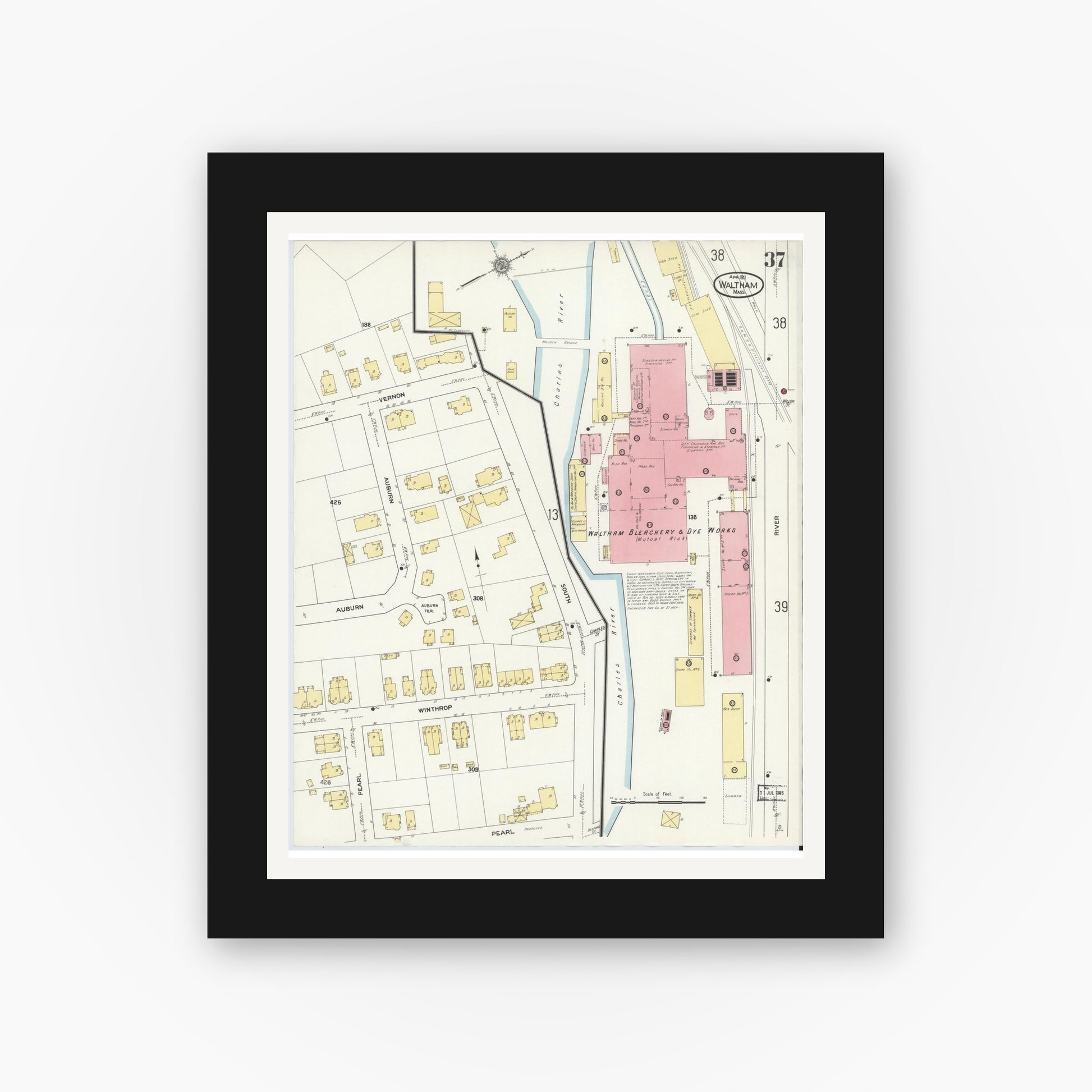 Old map wall art mockup — black gallery frame with white mat — Sanborn Fire Insurance Map from Waltham, Middlesex County, Massachusetts (1911), Sheet #0037