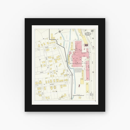 Old map wall art mockup — black gallery frame with white mat — Sanborn Fire Insurance Map from Waltham, Middlesex County, Massachusetts (1911), Sheet #0037