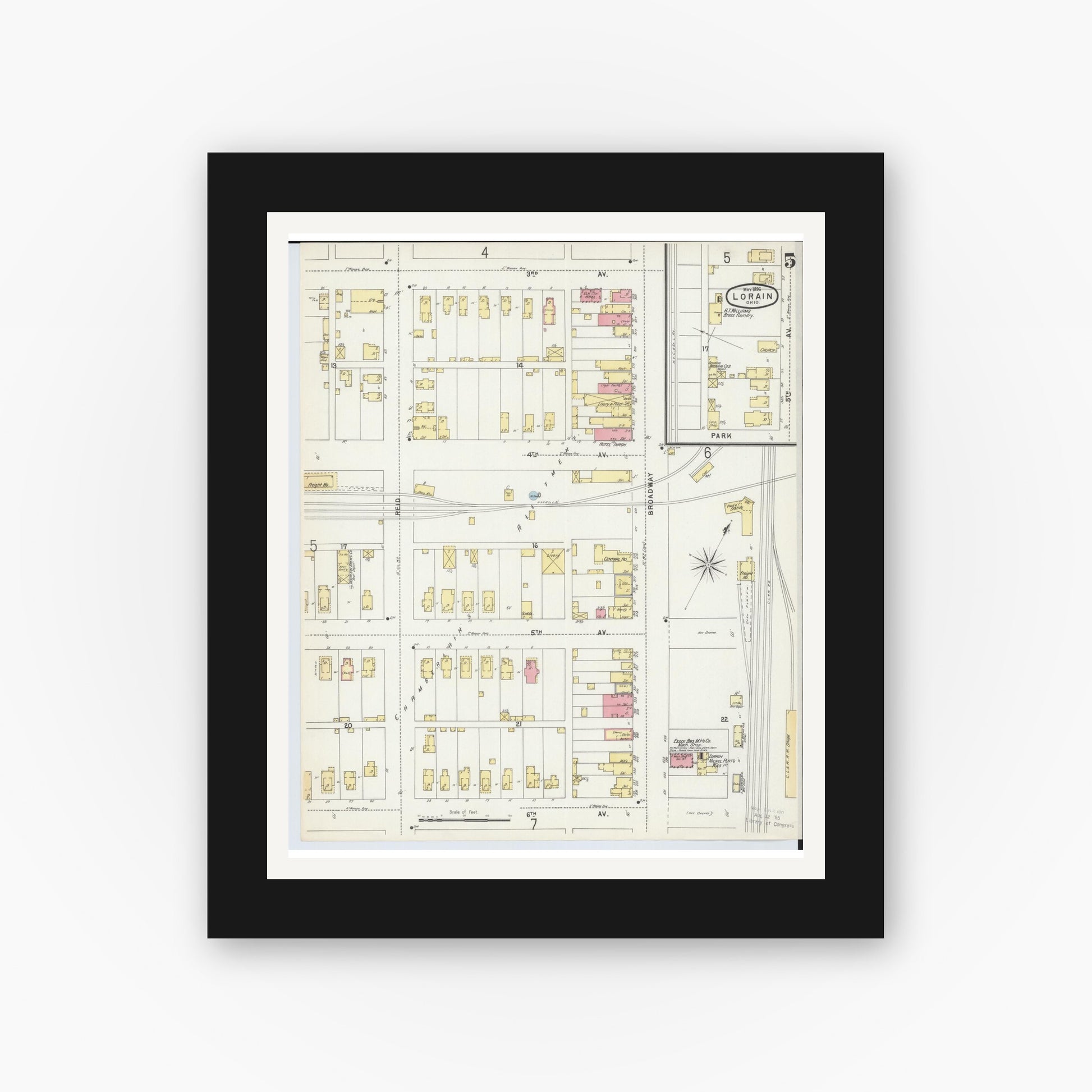 Old map wall art mockup — black gallery frame with white mat — Sanborn Fire Insurance Map from Lorain, Lorain County, Ohio (1896), Sheet #0005