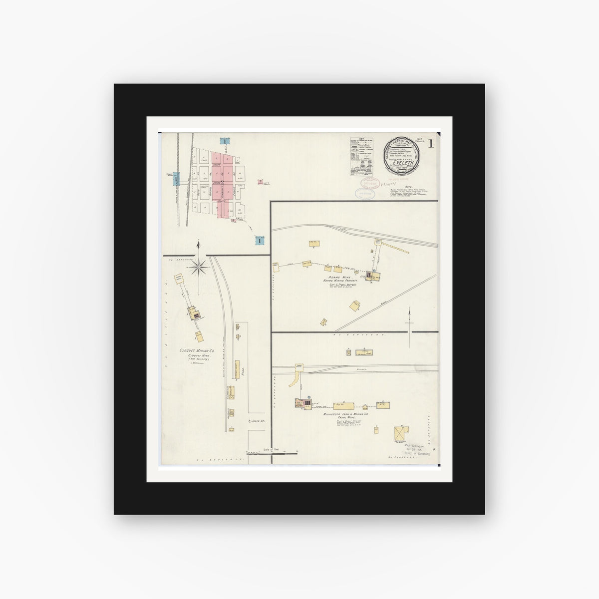 Old map wall art mockup — black gallery frame with white mat — Sanborn Fire Insurance Map from Eveleth, Saint Louis County, Minnesota (1897) - Complete Map Set