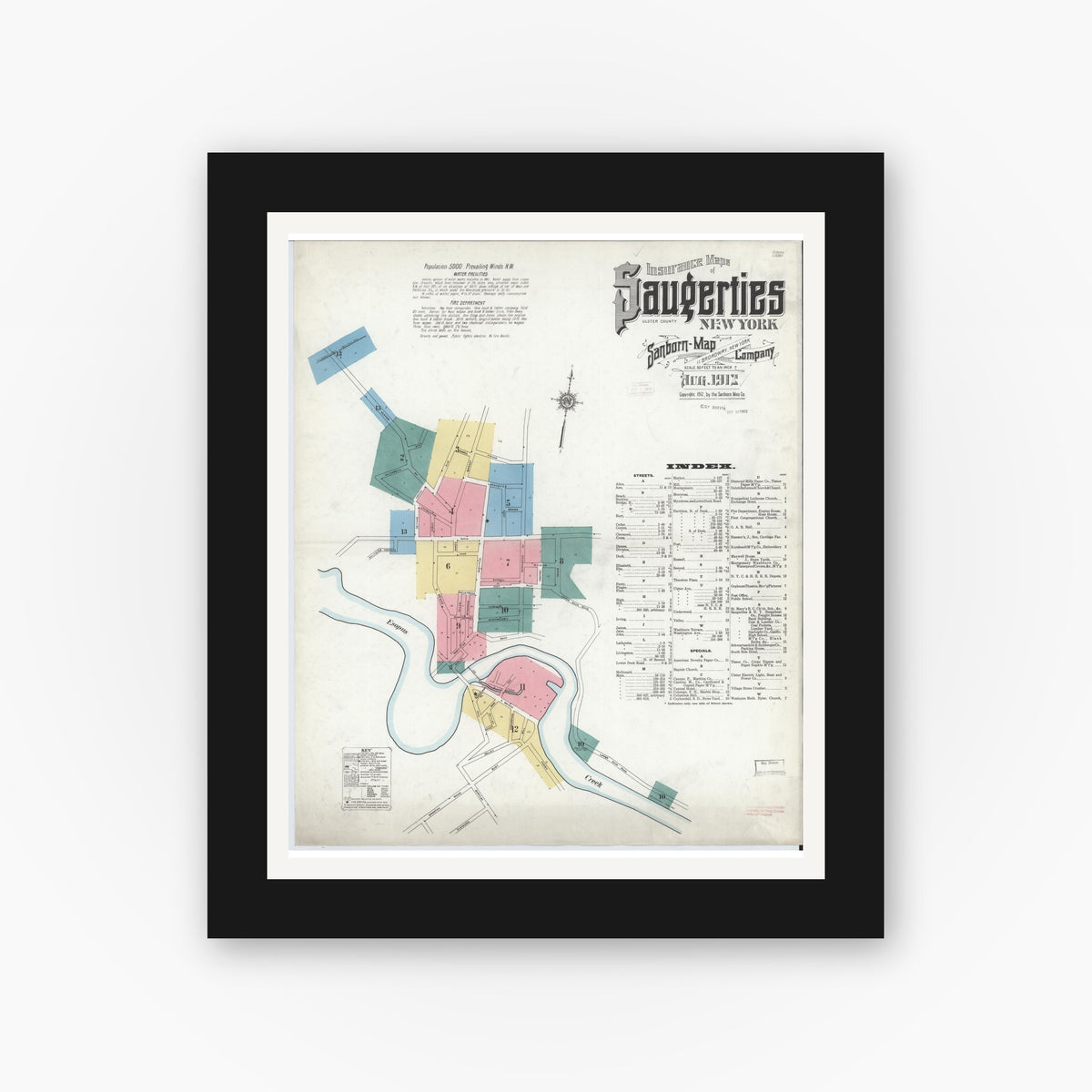 Old map wall art mockup — black gallery frame with white mat — Sanborn Fire Insurance Map from Saugerties, Ulster County, New York (1912) - Complete Map Set