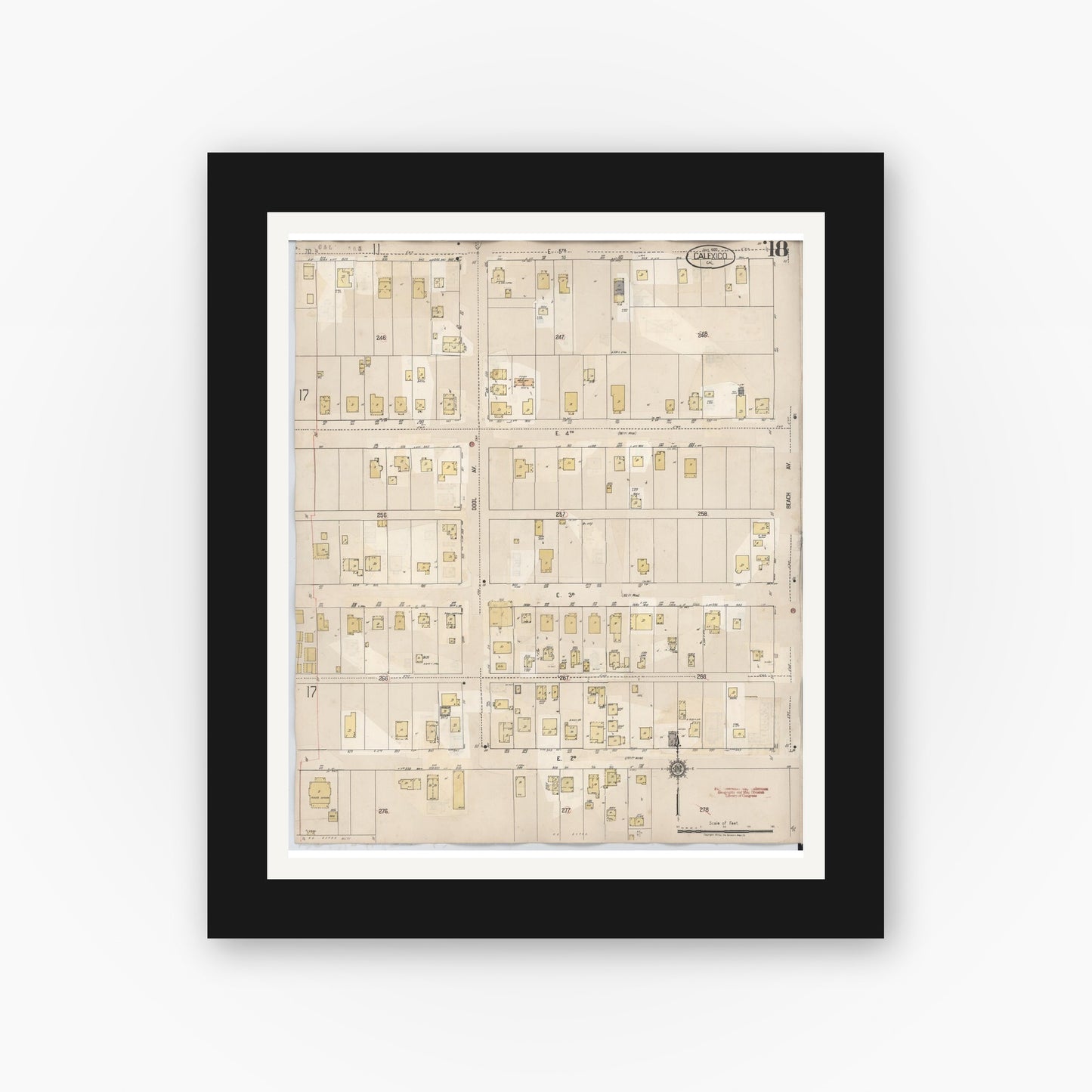 Old map wall art mockup — black gallery frame with white mat — Sanborn Fire Insurance Map from Calexico, Imperial County, California (1949), Sheet #0018