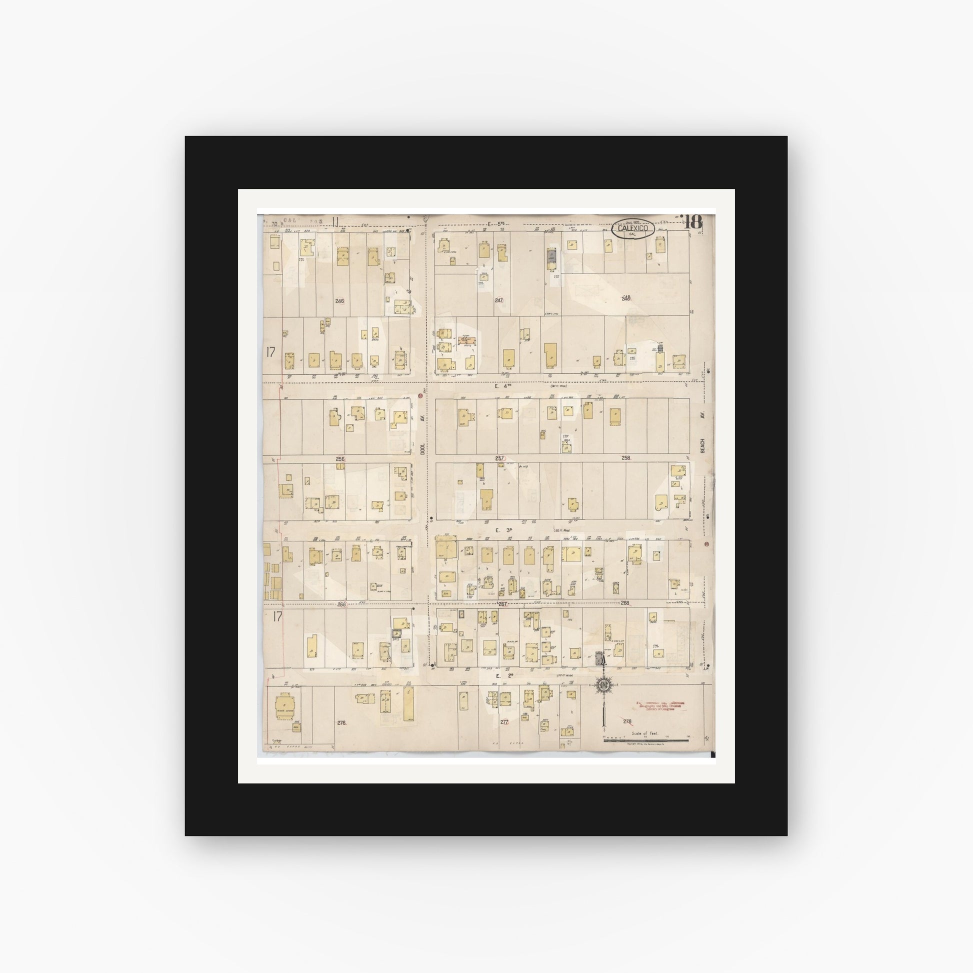 Old map wall art mockup — black gallery frame with white mat — Sanborn Fire Insurance Map from Calexico, Imperial County, California (1949), Sheet #0018