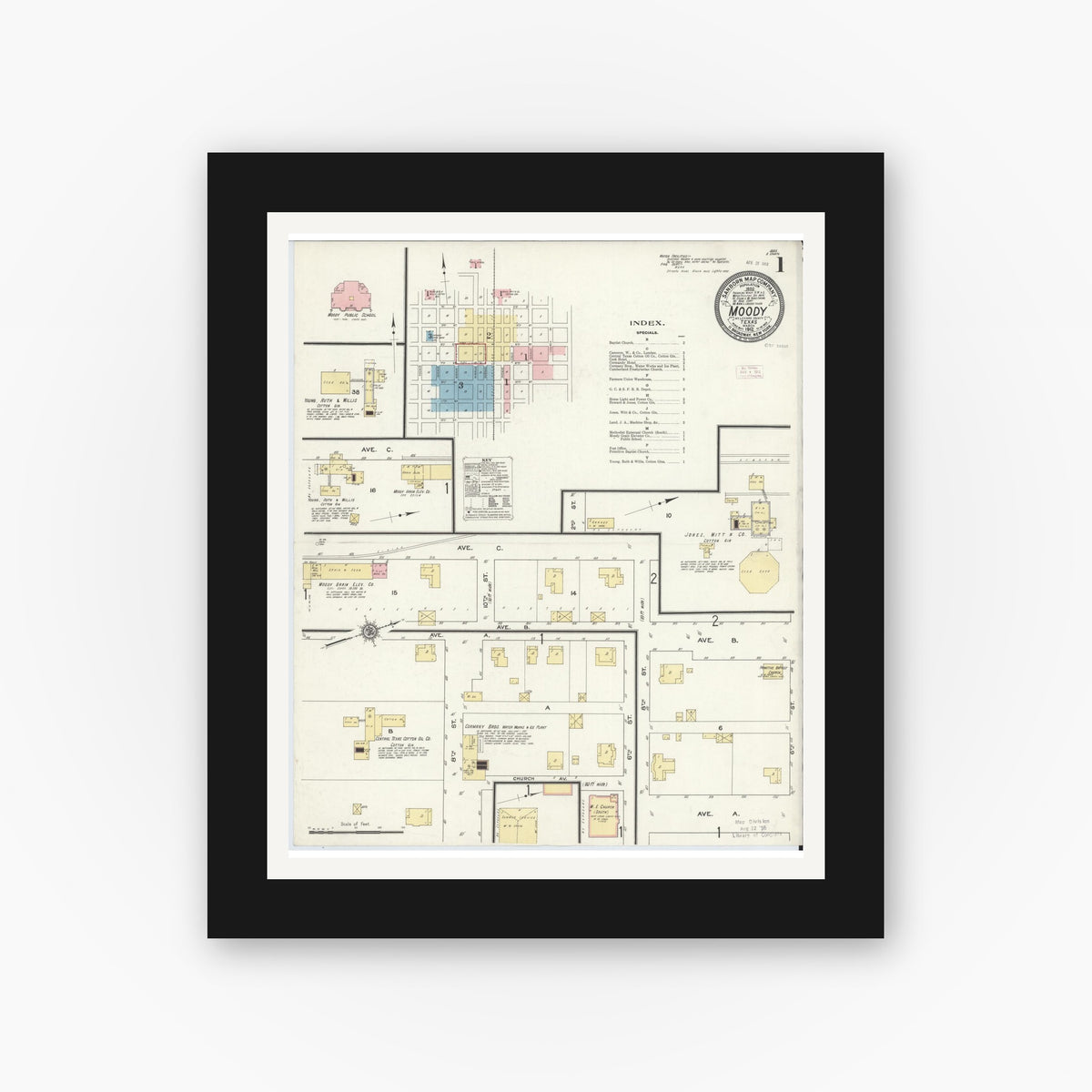 Old map wall art mockup — black gallery frame with white mat — Sanborn Fire Insurance Map from Moody, McLennan County, Texas (1912), Sheet #0001