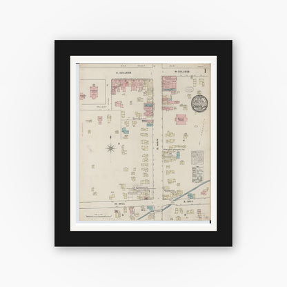 Old map wall art mockup — black gallery frame with white mat — Sanborn Fire Insurance Map from Oberlin, Lorain County, Ohio (1884), Sheet #0001