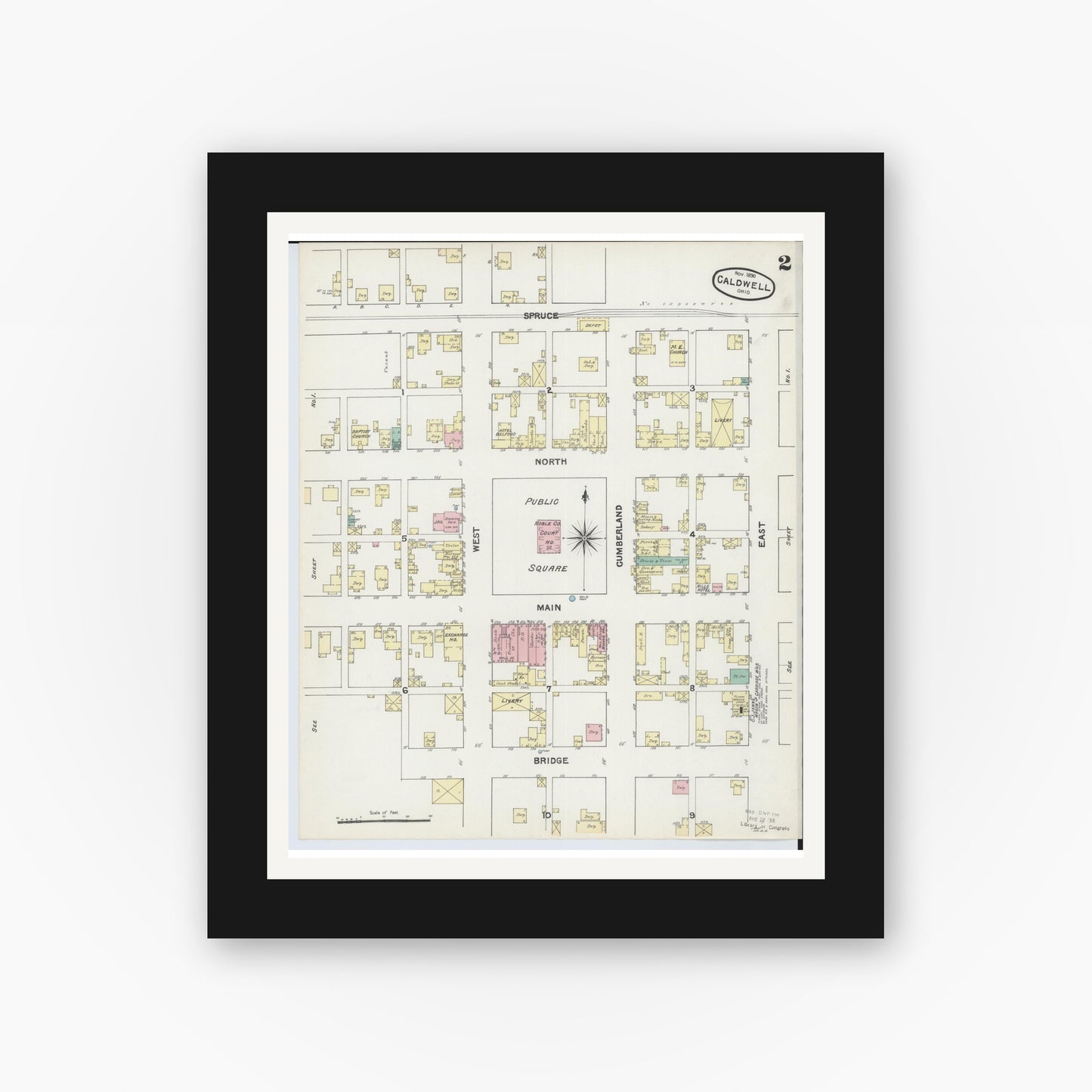 Old map wall art mockup — black gallery frame with white mat — Sanborn Fire Insurance Map from Caldwell, Noble County, Ohio (1890), Sheet #0002