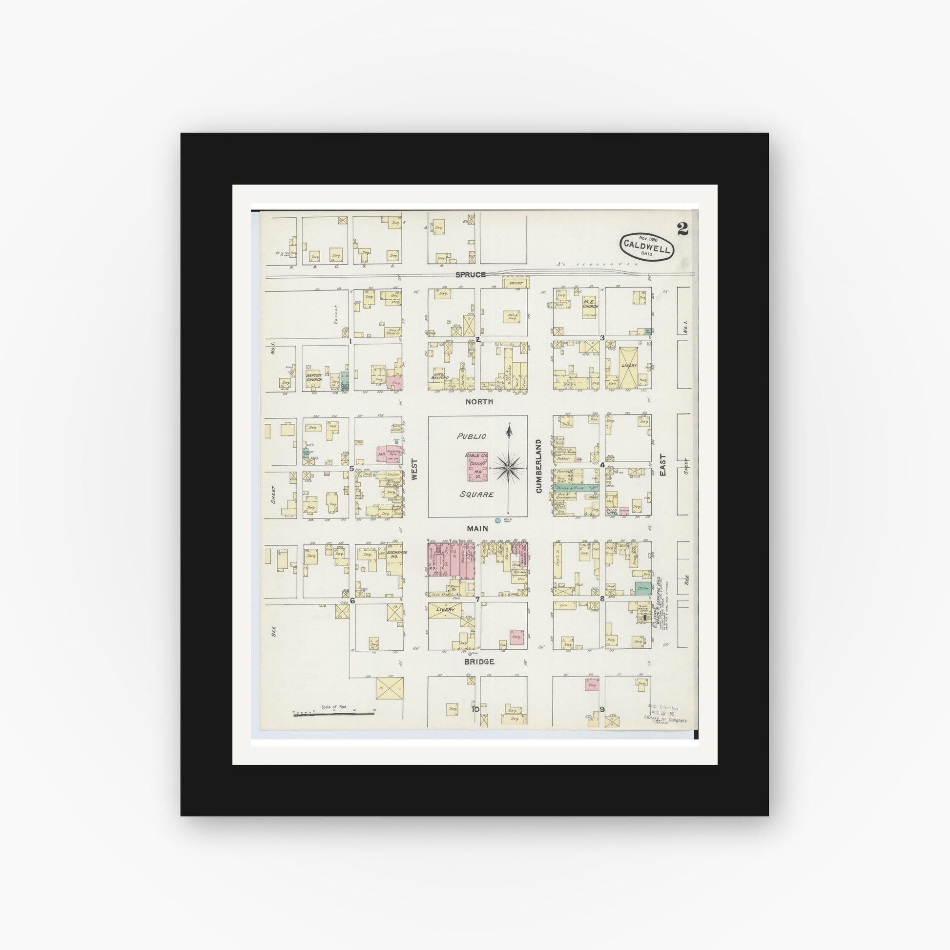 Old map wall art mockup — black gallery frame with white mat — Sanborn Fire Insurance Map from Caldwell, Noble County, Ohio (1890), Sheet #0002