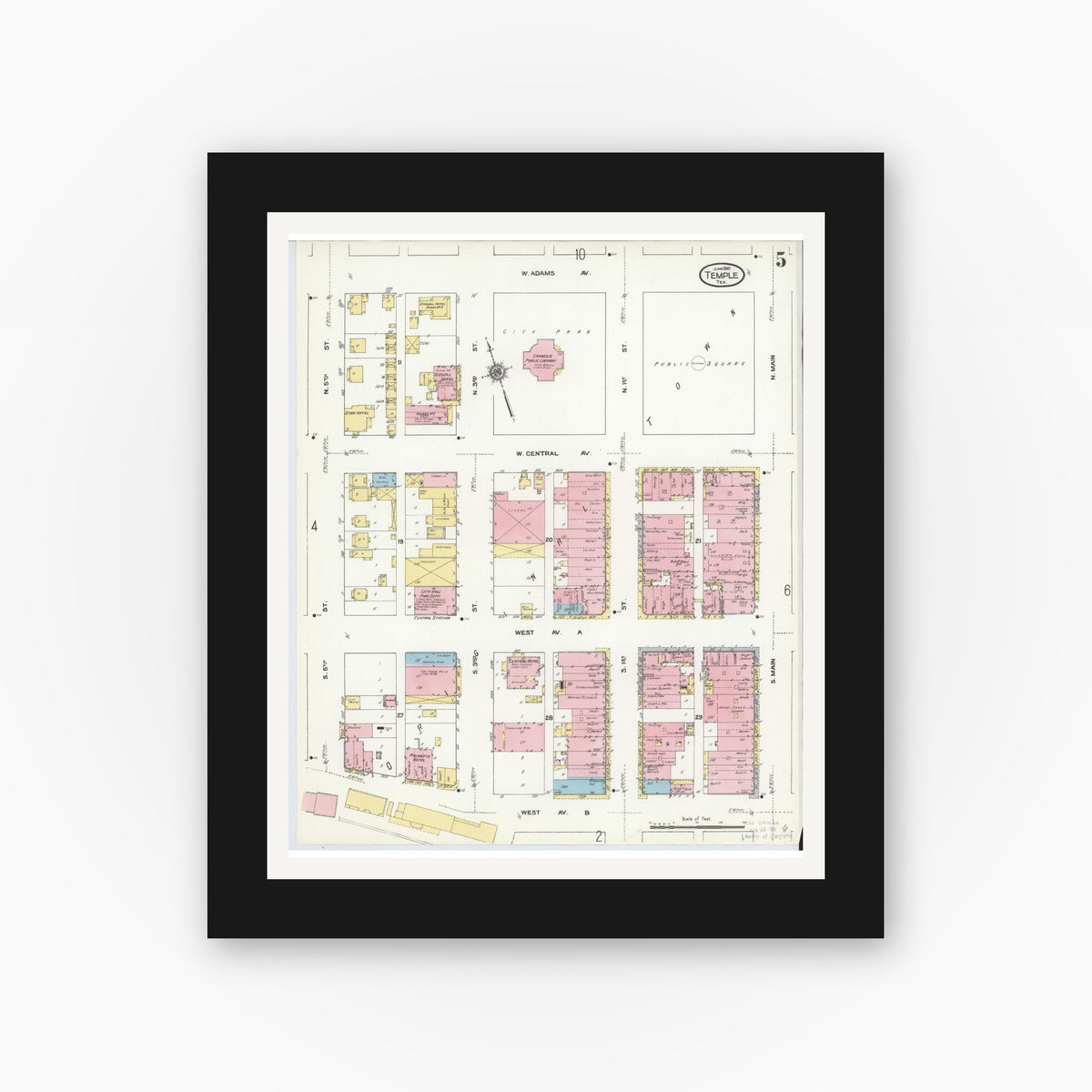 Old map wall art mockup — black gallery frame with white mat — Sanborn Fire Insurance Map from Temple, Bell County, Texas (1910), Sheet #0005