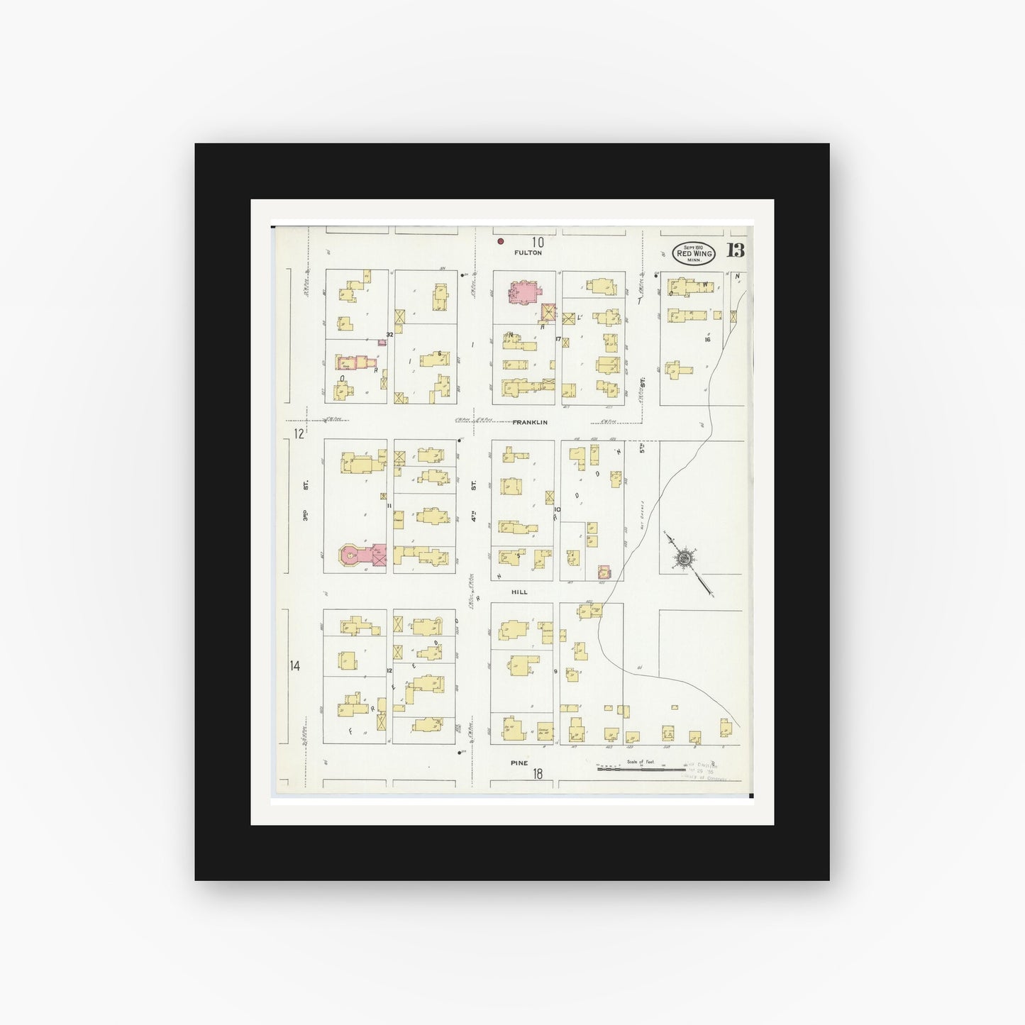 Old map wall art mockup — black gallery frame with white mat — Sanborn Fire Insurance Map from Red Wing, Goodhue County, Minnesota (1910), Sheet #0013