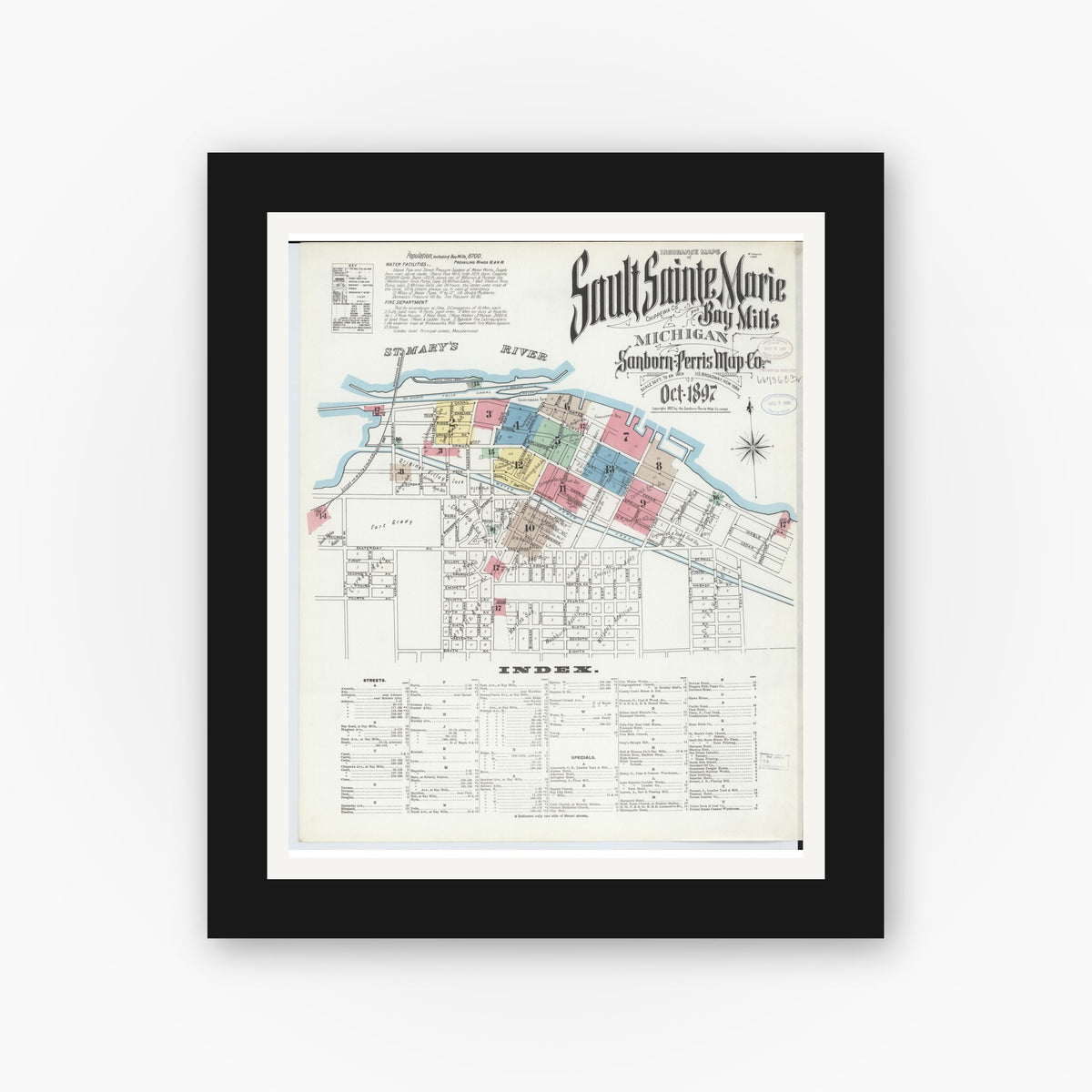 Old map wall art mockup — black gallery frame with white mat — Sanborn Fire Insurance Map from Sault Sainte Marie, Chippewa County, Michigan (1897), Sheet #0001