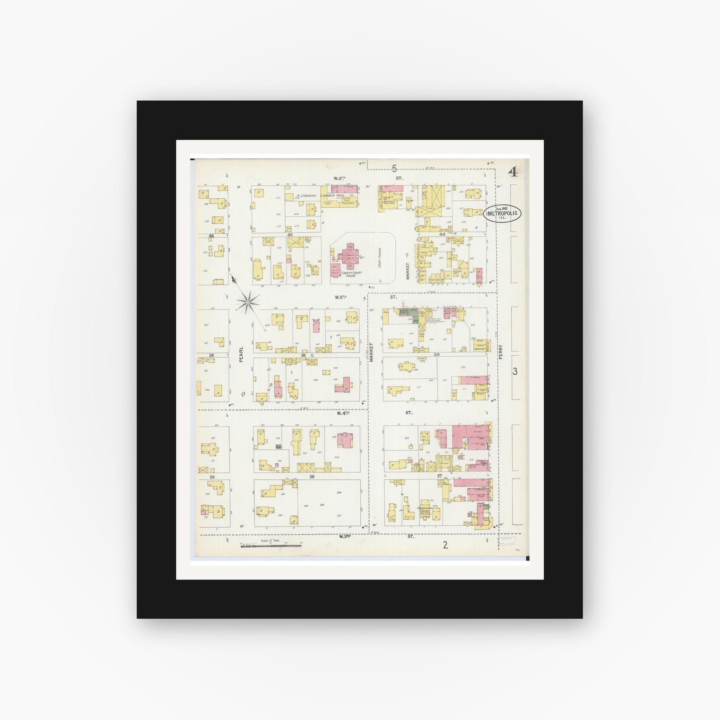 Old map wall art mockup — black gallery frame with white mat — Sanborn Fire Insurance Map from Metropolis, Massac County, Illinois (1902), Sheet #0004