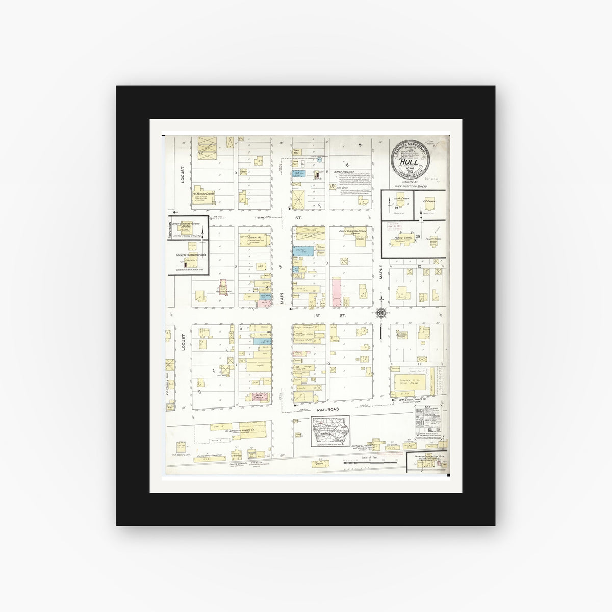 Old map wall art mockup — black gallery frame with white mat — Sanborn Fire Insurance Map from Hull, Sioux County, Iowa (1914), Sheet #0001