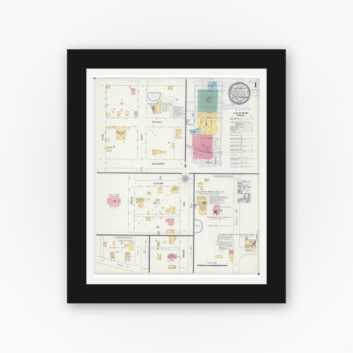 Old map wall art mockup — black gallery frame with white mat — Sanborn Fire Insurance Map from California, Moniteau County, Missouri (1898) - Complete Map Set