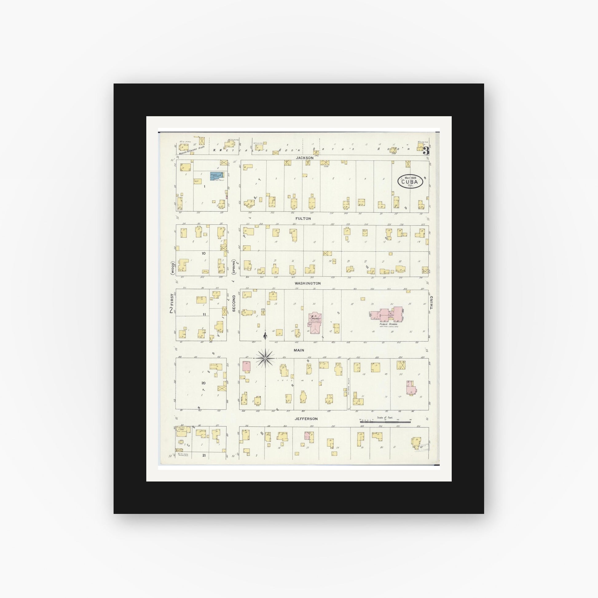 Old map wall art mockup — black gallery frame with white mat — Sanborn Fire Insurance Map from Cuba, Fulton County, Illinois (1909), Sheet #0003