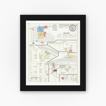 Old map wall art mockup — black gallery frame with white mat — Sanborn Fire Insurance Map from Ladd, Bureau County, Illinois (1911), Sheet #0001