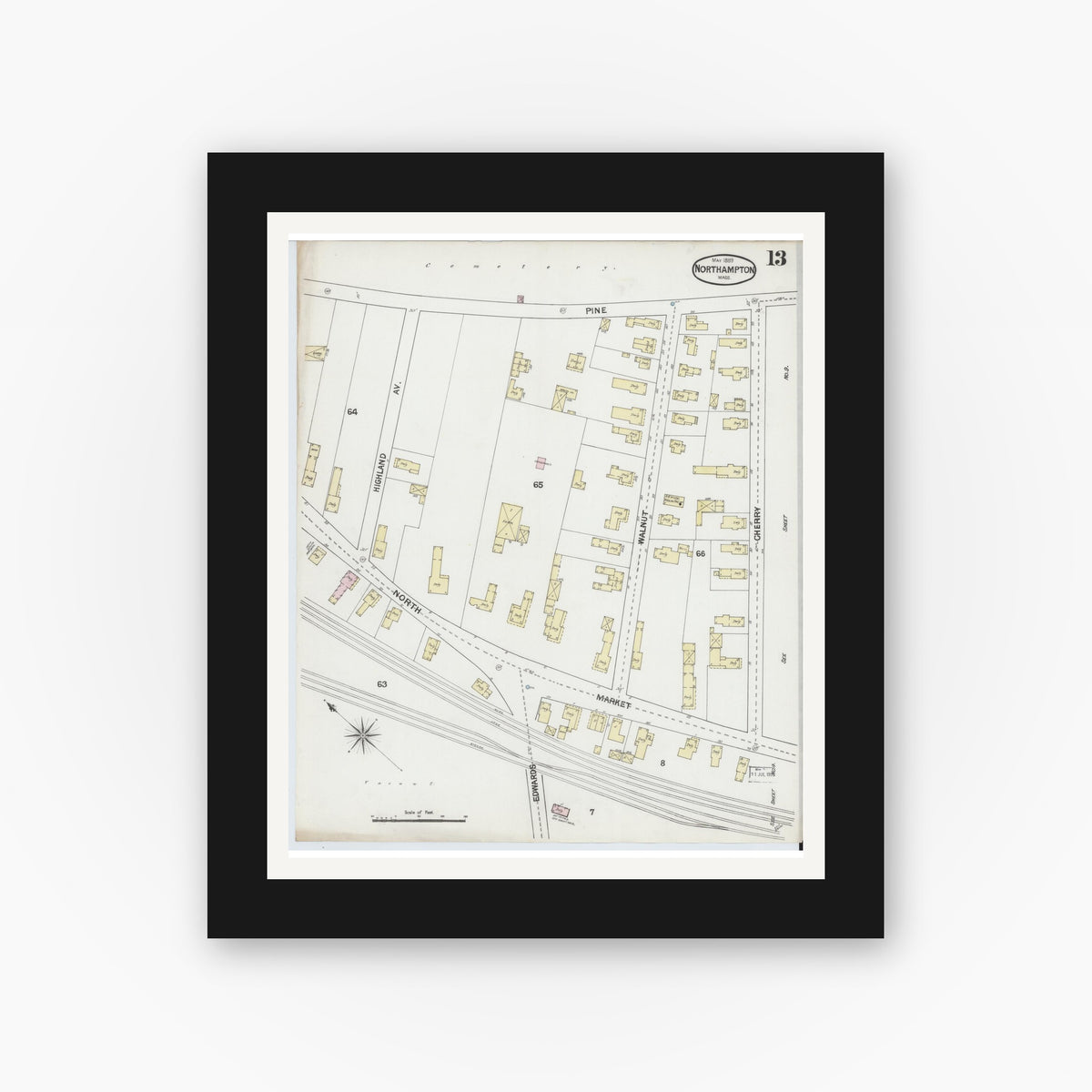 Old map wall art mockup — black gallery frame with white mat — Sanborn Fire Insurance Map from Northampton, Hampshire County, Massachusetts (1889), Sheet #0013