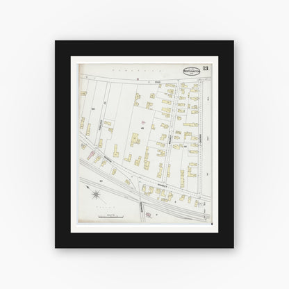 Old map wall art mockup — black gallery frame with white mat — Sanborn Fire Insurance Map from Northampton, Hampshire County, Massachusetts (1889), Sheet #0013
