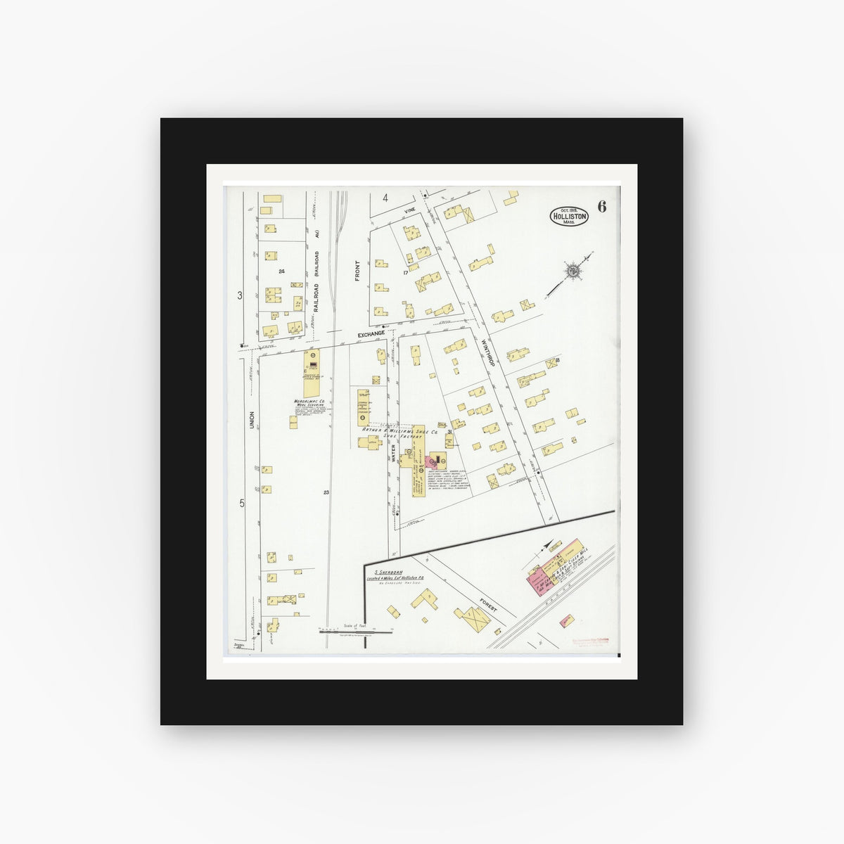 Old map wall art mockup — black gallery frame with white mat — Sanborn Fire Insurance Map from Holliston, Middlesex County, Massachusetts (1919), Sheet #0006