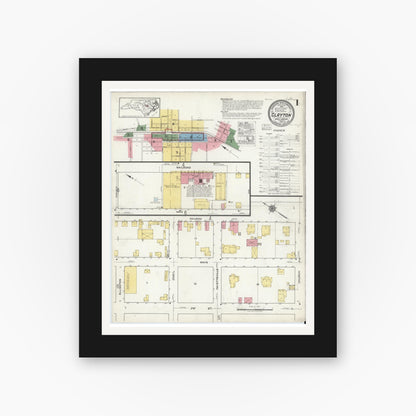 Old map wall art mockup — black gallery frame with white mat — Sanborn Fire Insurance Map from Clayton, Johnston County, North Carolina (1918) - Complete Map Set