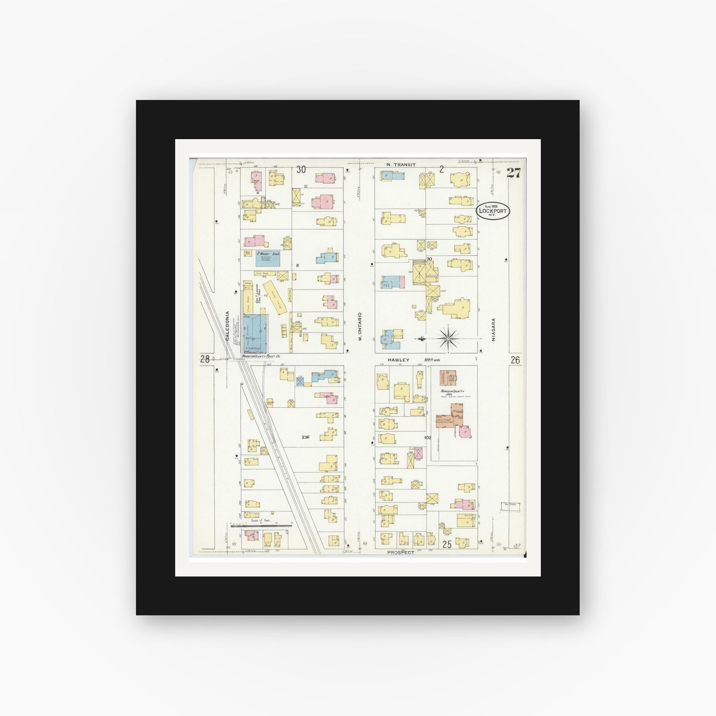 Old map wall art mockup — black gallery frame with white mat — Sanborn Fire Insurance Map from Lockport, Niagara County, New York (1909), Sheet #0027