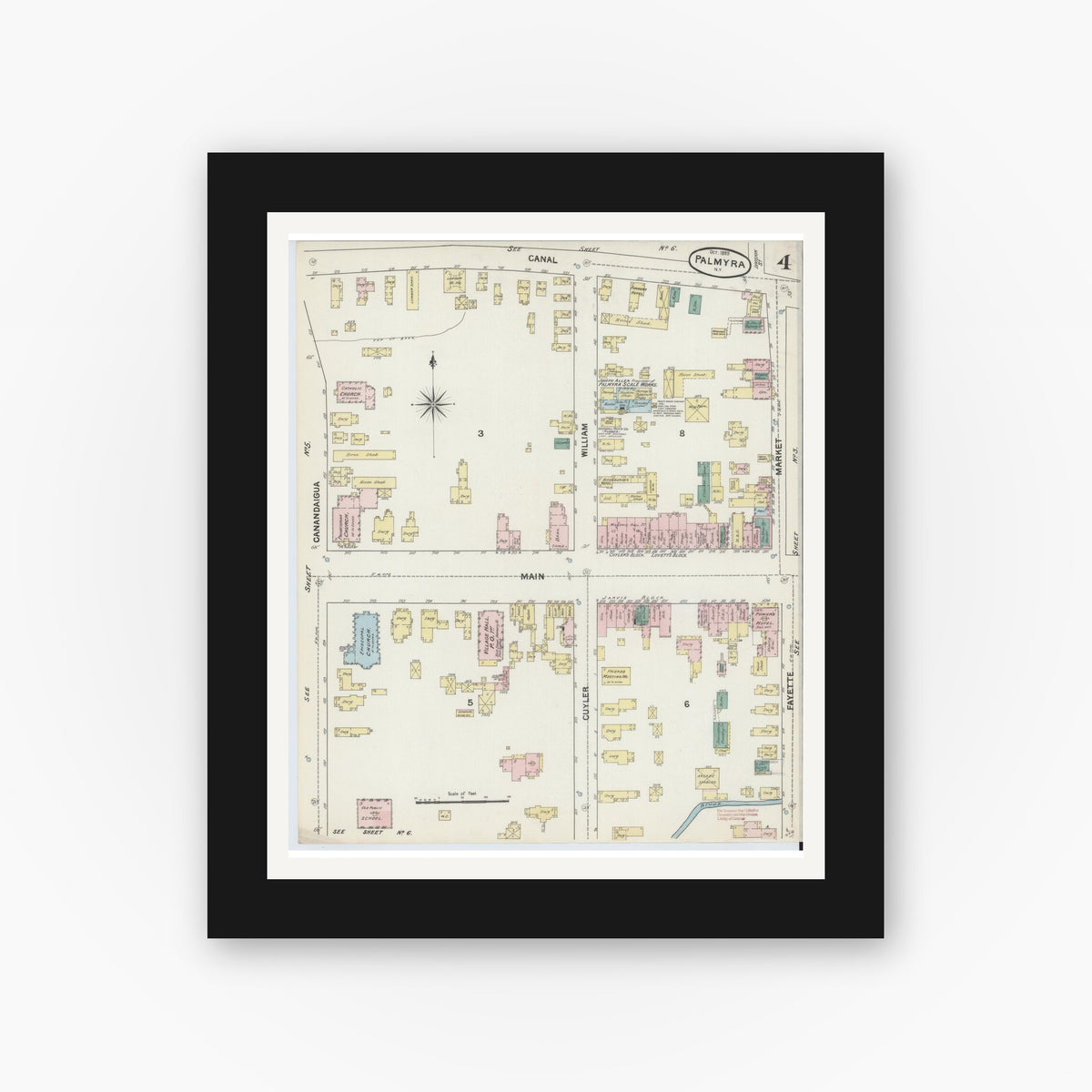 Old map wall art mockup — black gallery frame with white mat — Sanborn Fire Insurance Map from Palmyra, Wayne County, New York (1889), Sheet #0004