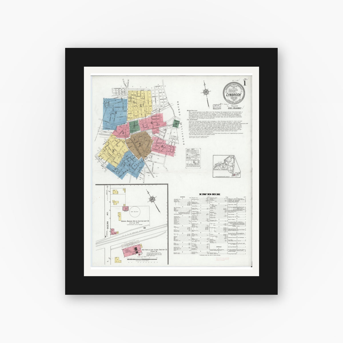 Old map wall art mockup — black gallery frame with white mat — Sanborn Fire Insurance Map from Lynbrook, Nassau County, New York (1919) - Complete Map Set