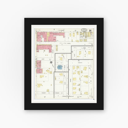 Old map wall art mockup — black gallery frame with white mat — Sanborn Fire Insurance Map from Live Oak, Suwanee County, Florida (1912), Sheet #0016