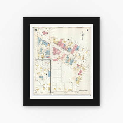 Old map wall art mockup — black gallery frame with white mat — Sanborn Fire Insurance Map from Farmington, Oakland County, Michigan (1943), Sheet #0002