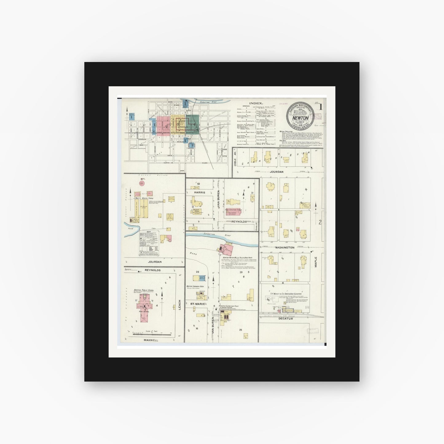 Old map wall art mockup — black gallery frame with white mat — Sanborn Fire Insurance Map from Newton, Jasper County, Illinois (1910), Sheet #0001