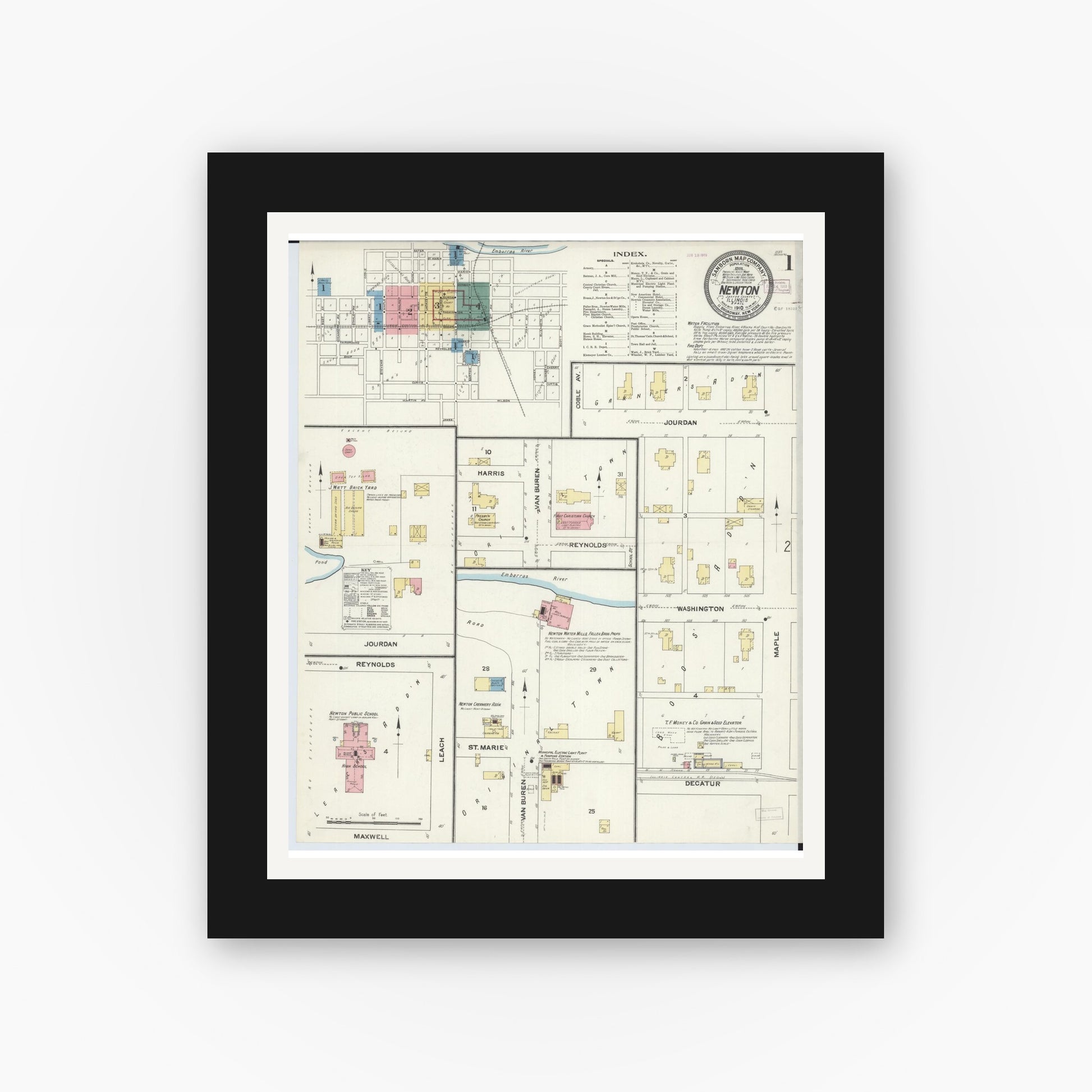 Old map wall art mockup — black gallery frame with white mat — Sanborn Fire Insurance Map from Newton, Jasper County, Illinois (1910), Sheet #0001