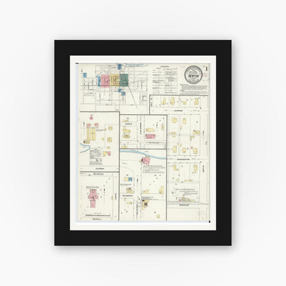 Old map wall art mockup — black gallery frame with white mat — Sanborn Fire Insurance Map from Newton, Jasper County, Illinois (1910), Sheet #0001