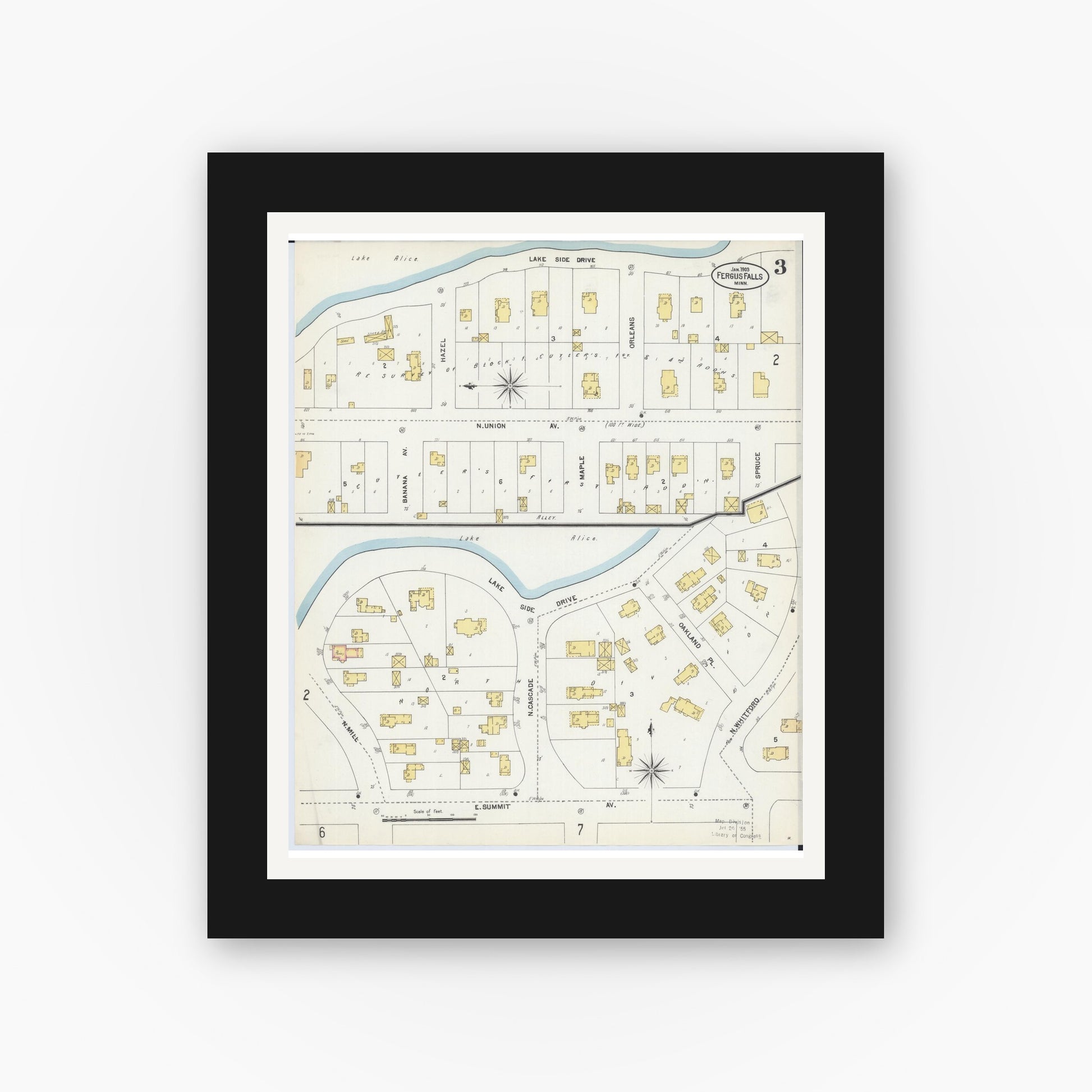 Old map wall art mockup — black gallery frame with white mat — Sanborn Fire Insurance Map from Fergus Falls, Otter Tail County, Minnesota (1903), Sheet #0003