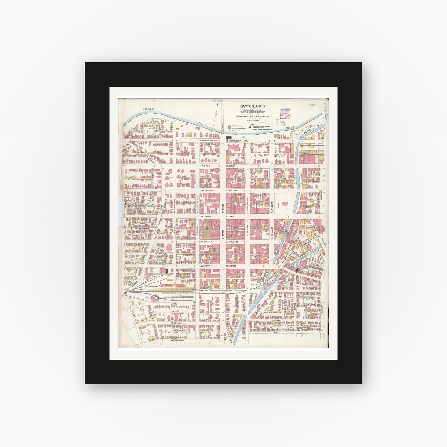 Old map wall art mockup — black gallery frame with white mat — Sanborn Fire Insurance Map from Dayton, Montgomery County, Ohio (1906), Sheet #0001