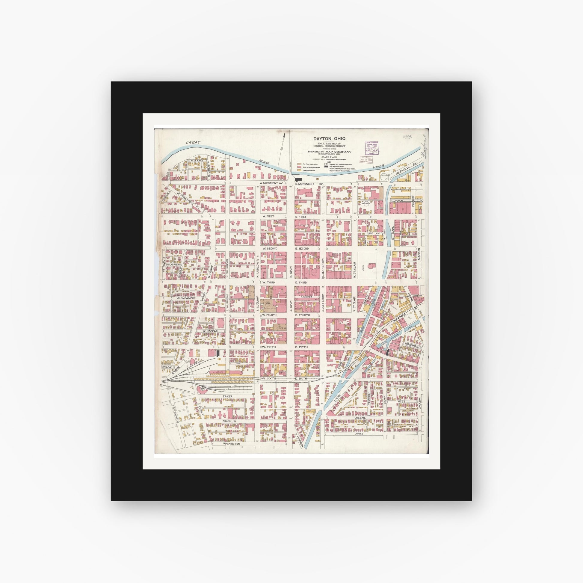 Old map wall art mockup — black gallery frame with white mat — Sanborn Fire Insurance Map from Dayton, Montgomery County, Ohio (1906), Sheet #0001