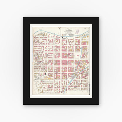 Old map wall art mockup — black gallery frame with white mat — Sanborn Fire Insurance Map from Dayton, Montgomery County, Ohio (1906), Sheet #0001