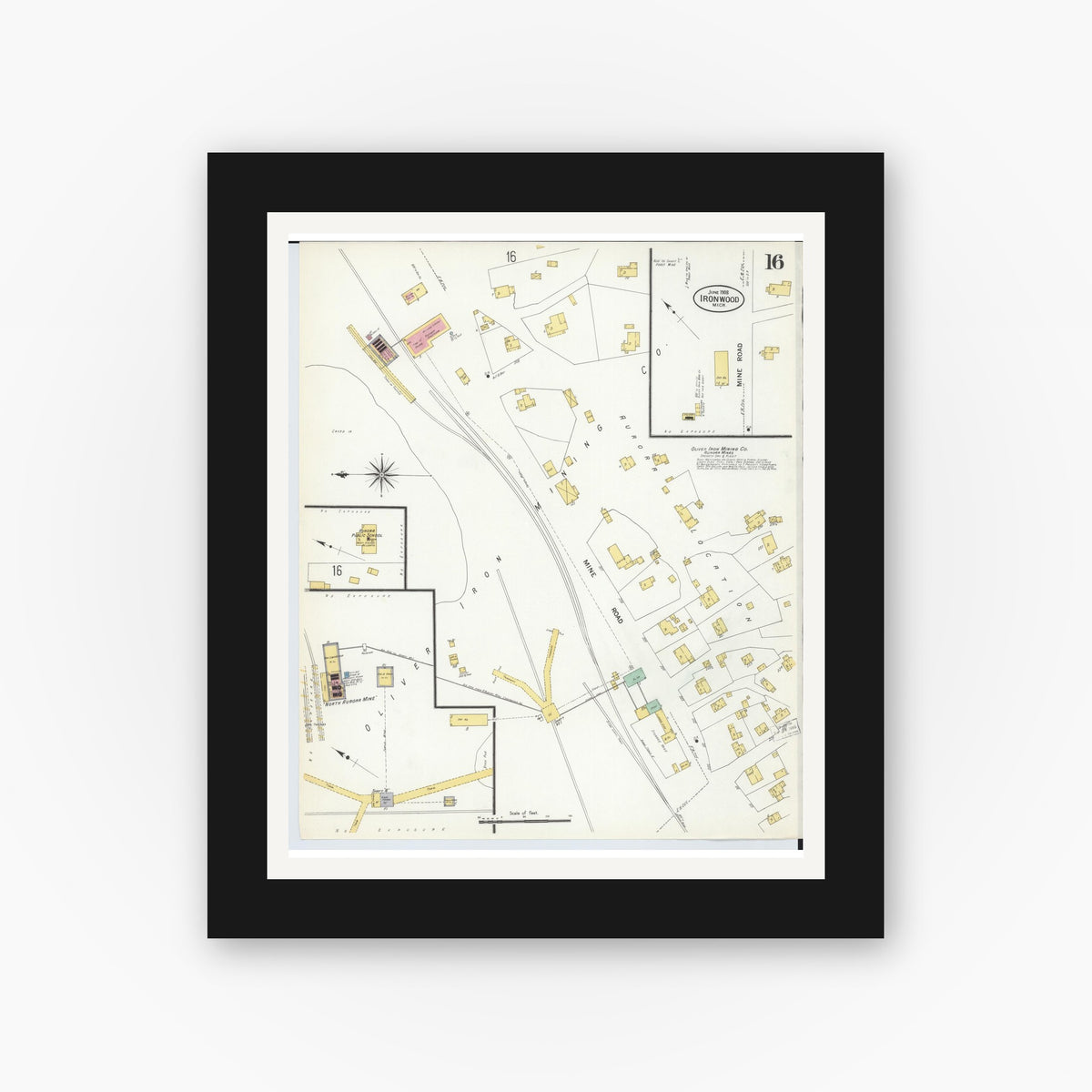 Old map wall art mockup — black gallery frame with white mat — Sanborn Fire Insurance Map from Ironwood, Gogebic County, Michigan (1908), Sheet #0016