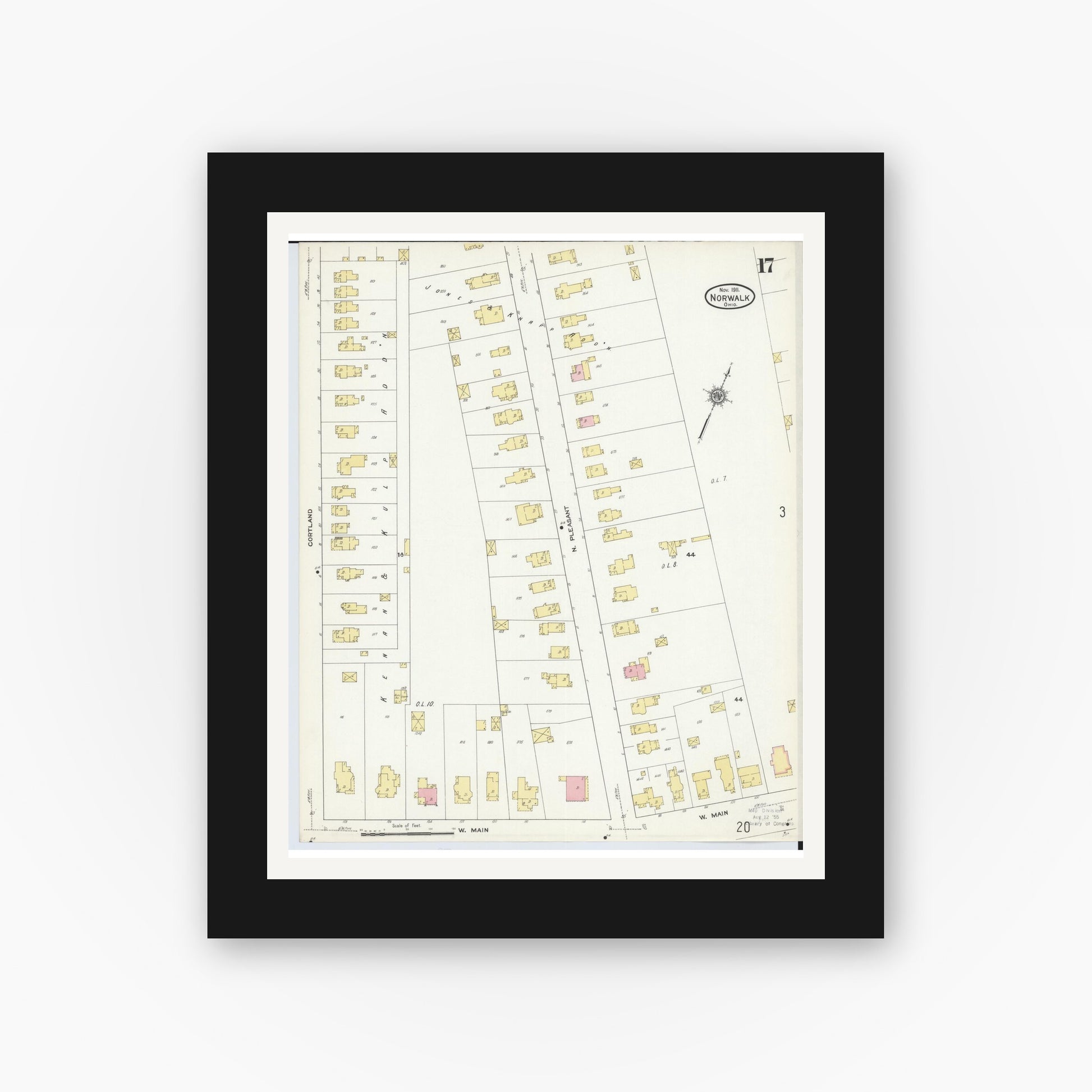 Old map wall art mockup — black gallery frame with white mat — Sanborn Fire Insurance Map from Norwalk, Huron County, Ohio (1911), Sheet #0017