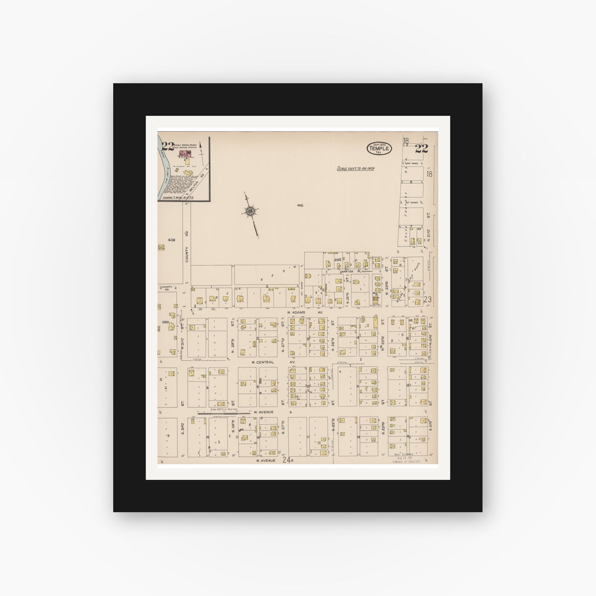 Old map wall art mockup — black gallery frame with white mat — Sanborn Fire Insurance Map from Temple, Bell County, Texas (1922), Sheet #0022