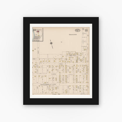 Old map wall art mockup — black gallery frame with white mat — Sanborn Fire Insurance Map from Temple, Bell County, Texas (1922), Sheet #0022