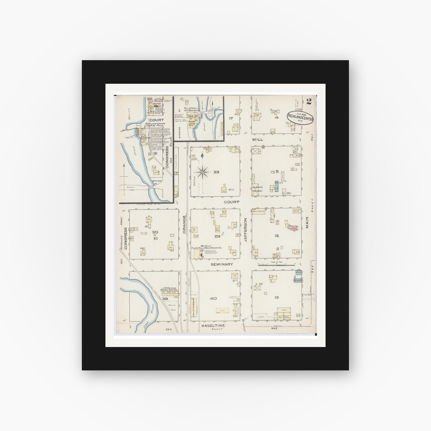Old map wall art mockup — black gallery frame with white mat — Sanborn Fire Insurance Map from Richland Center, Richland County, Wisconsin (1883), Sheet #0002