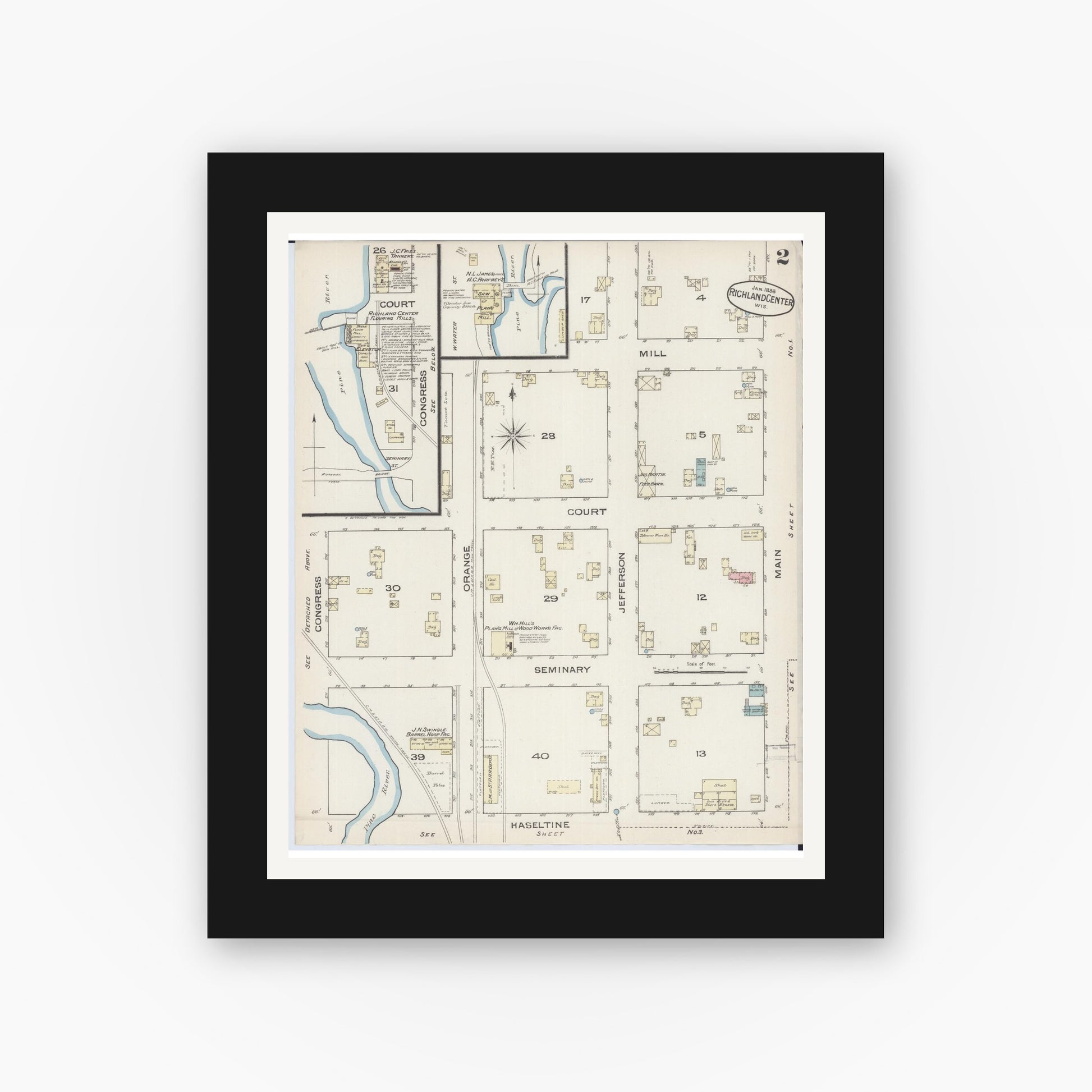 Old map wall art mockup — black gallery frame with white mat — Sanborn Fire Insurance Map from Richland Center, Richland County, Wisconsin (1883), Sheet #0002