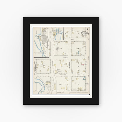 Old map wall art mockup — black gallery frame with white mat — Sanborn Fire Insurance Map from Richland Center, Richland County, Wisconsin (1883), Sheet #0002