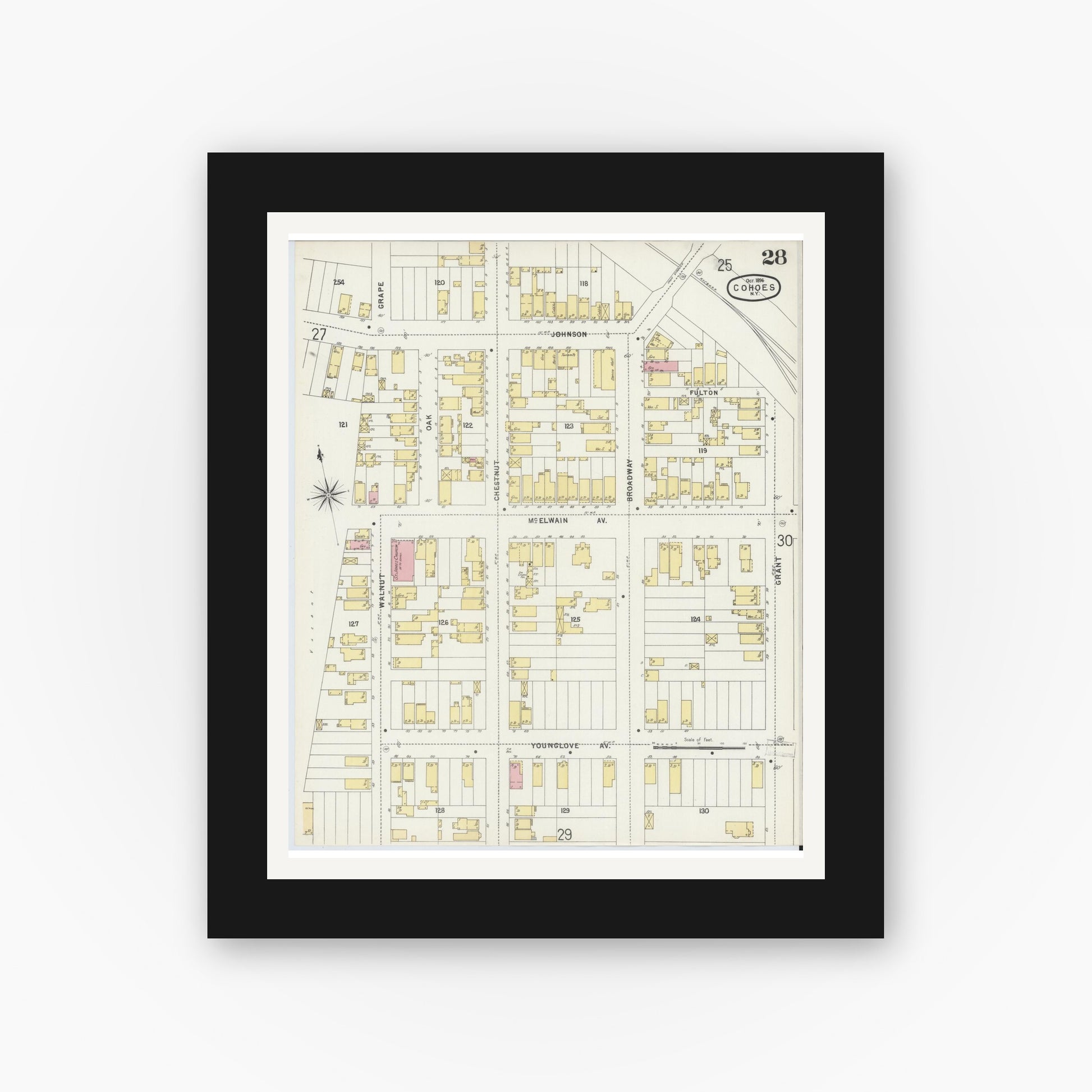 Old map wall art mockup — black gallery frame with white mat — Sanborn Fire Insurance Map from Cohoes, Albany County, New York (1896), Sheet #0028