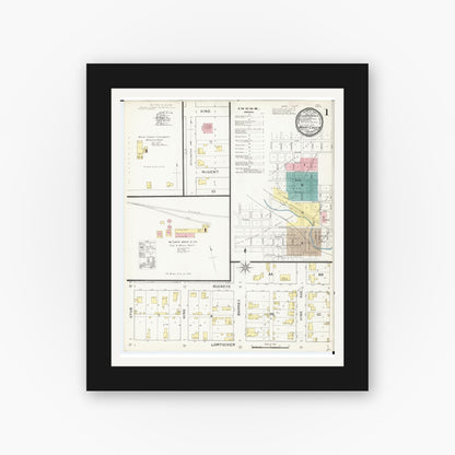 Old map wall art mockup — black gallery frame with white mat — Sanborn Fire Insurance Map from What Cheer, Keokuk County, Iowa (1893), Sheet #0001