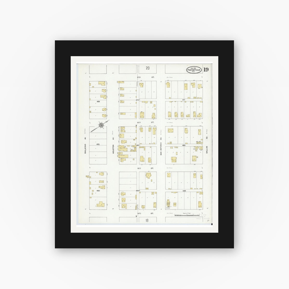 Old map wall art mockup — black gallery frame with white mat — Sanborn Fire Insurance Map from Port Arthur, Jefferson County, Texas (1910), Sheet #0019