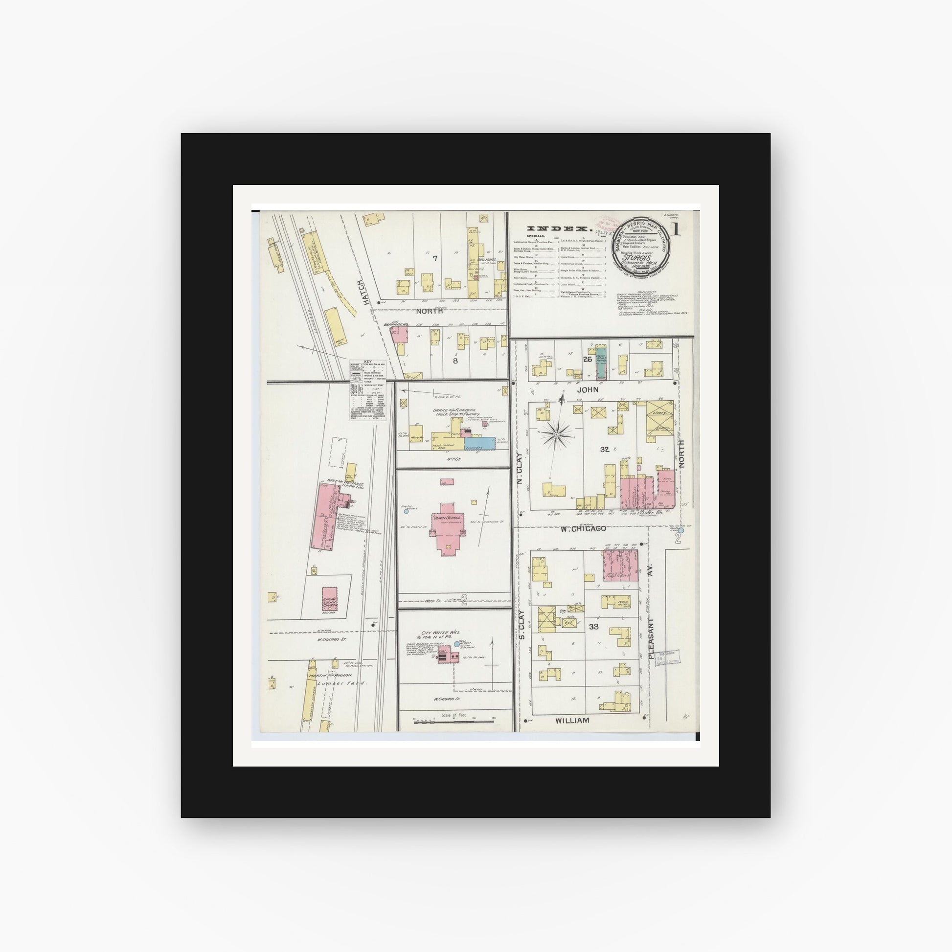 Old map wall art mockup — black gallery frame with white mat — Sanborn Fire Insurance Map from Sturgis, Saint Joseph County, Michigan (1892) - Complete Map Set