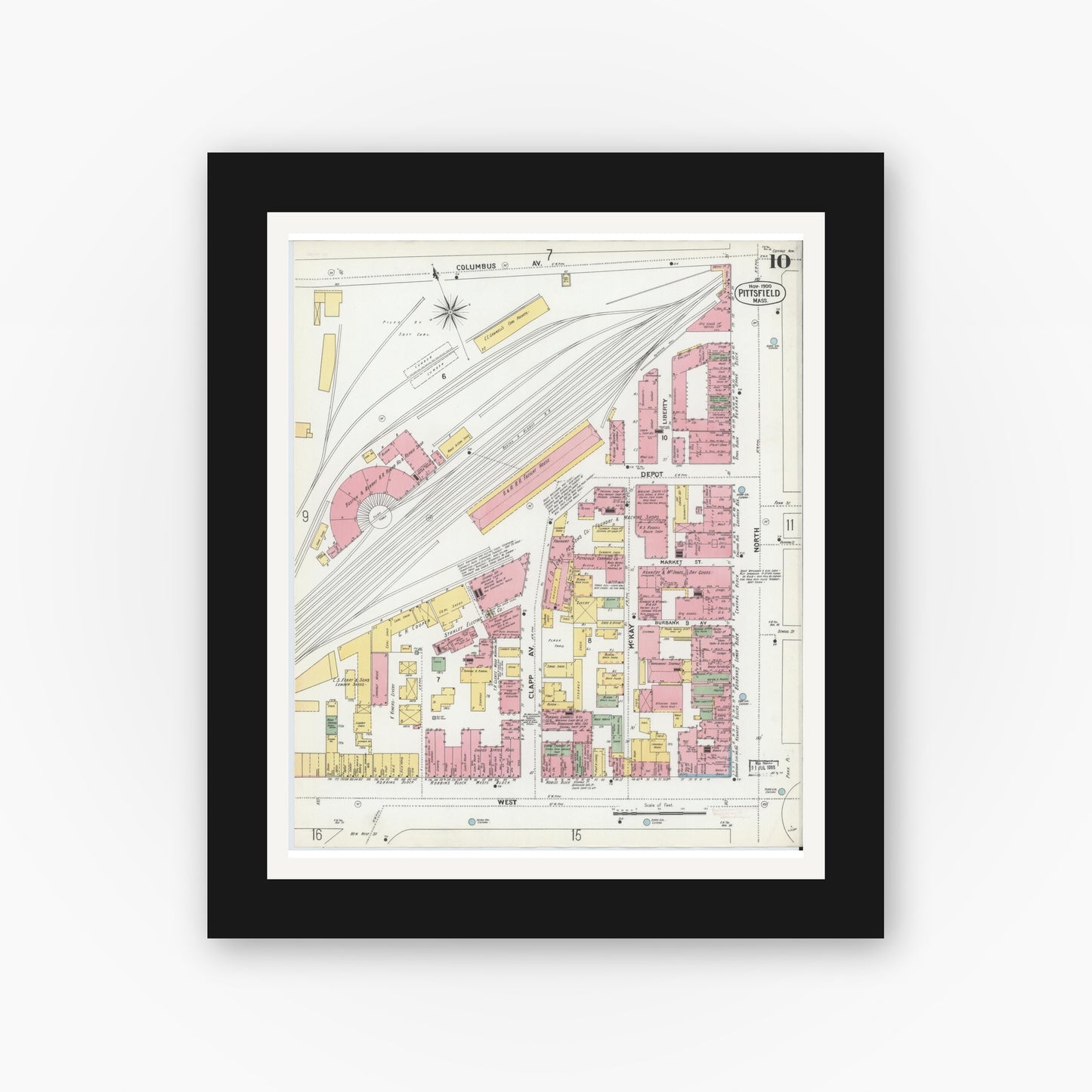 Old map wall art mockup — black gallery frame with white mat — Sanborn Fire Insurance Map from Pittsfield, Berkshire County, Massachusetts (1900), Sheet #0010