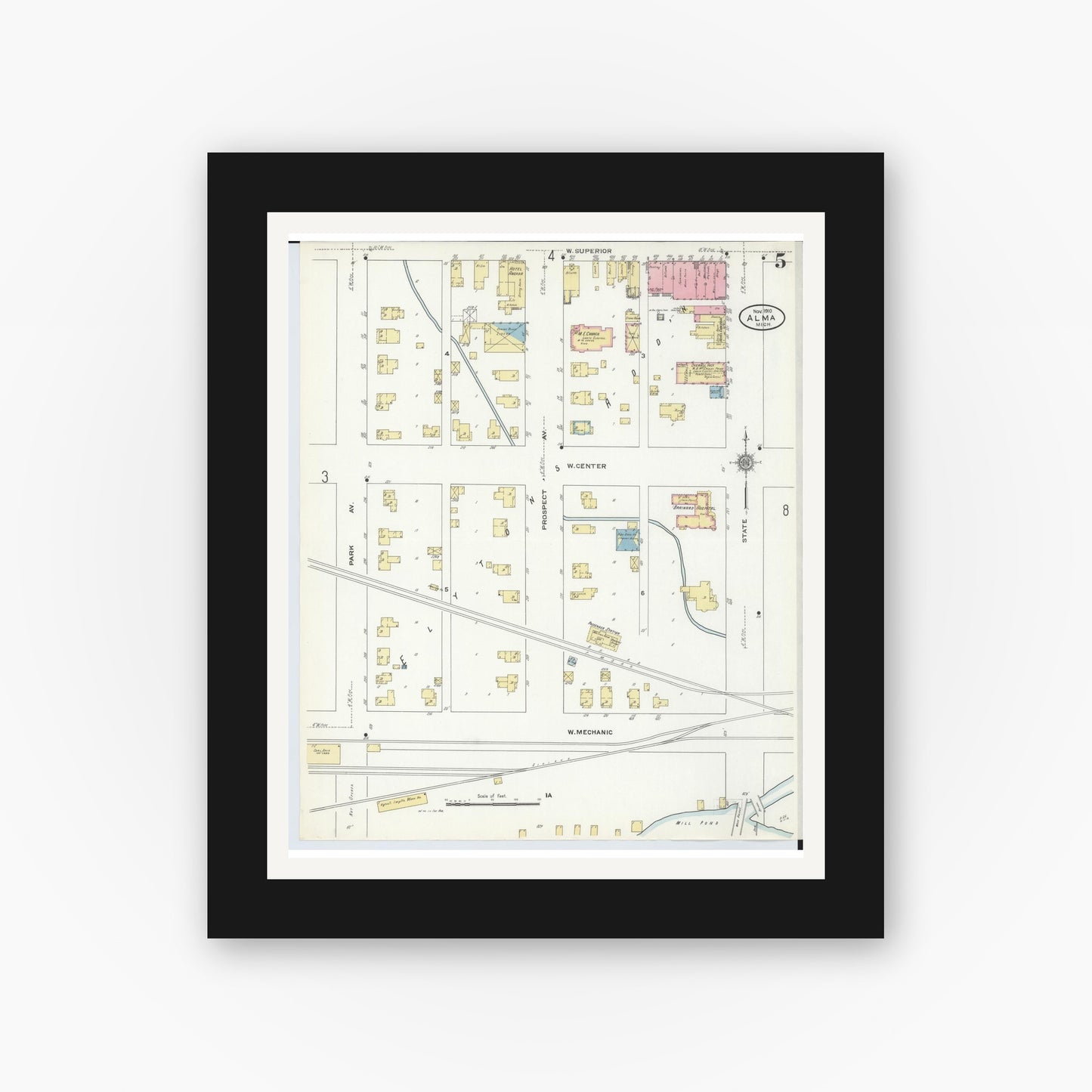 Old map wall art mockup — black gallery frame with white mat — Sanborn Fire Insurance Map from Alma, Gratiot County, Michigan (1910), Sheet #0005