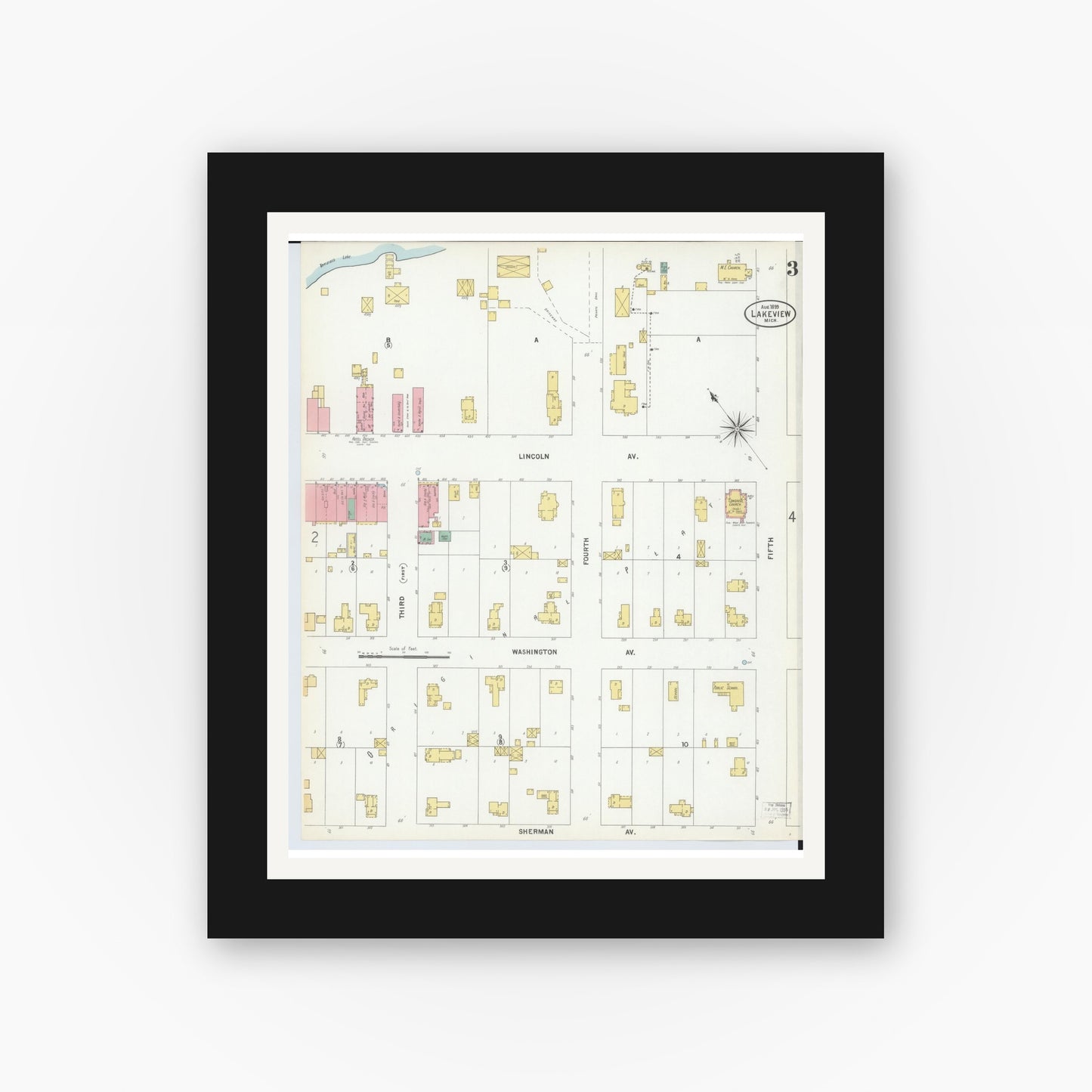 Old map wall art mockup — black gallery frame with white mat — Sanborn Fire Insurance Map from Lakeview, Montcalm County, Michigan (1899), Sheet #0003